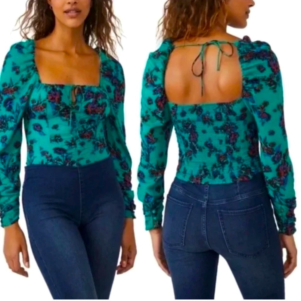 FREE PEOPLE  Hilary Print Keyhole Neck Top NWOT